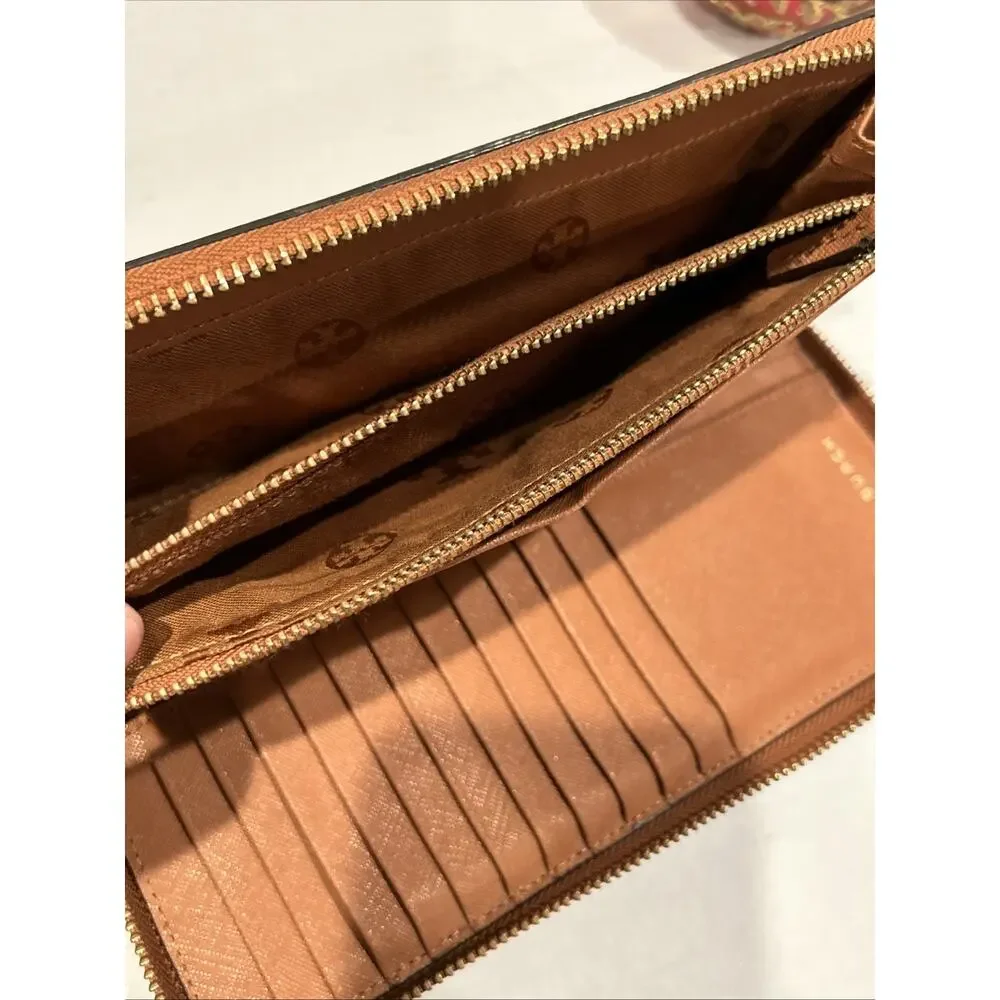 Tory Burch Brown Gold Emerson Saffiano Leather Wristlet Continental Wallet